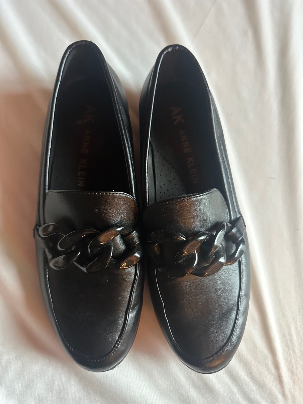 Anne Klein Black Slip-On Loafers with Chain Detail